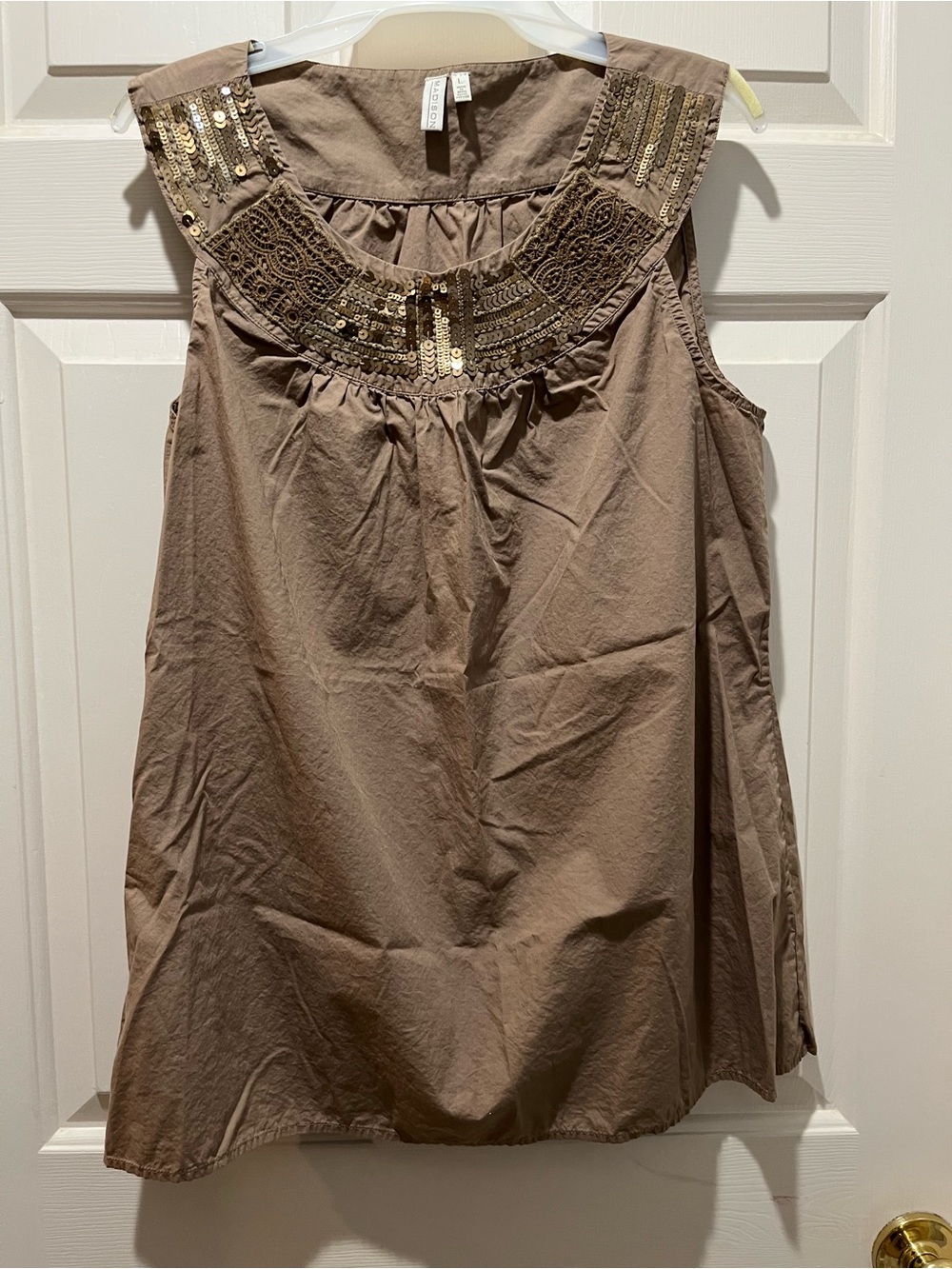 Madison Taupe Sleeveless Camisole with Sequined Emboidered Yoke